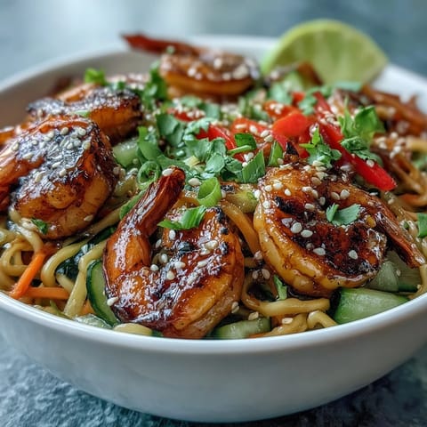 A close-up of 15-Minute Asian Noodle Bowl with grilled shrimp, fresh cilantro, and sesame seeds on chopsticks ready to eat.