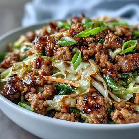 Close-up of ground pork, shredded cabbage, and carrots tossed in savory sauce for Egg Roll in a Bowl.