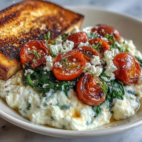 Hearty Spinach and Feta Breakfast Bowl with golden scrambled eggs, wilted greens, and a slice of toasted whole grain bread on the side.