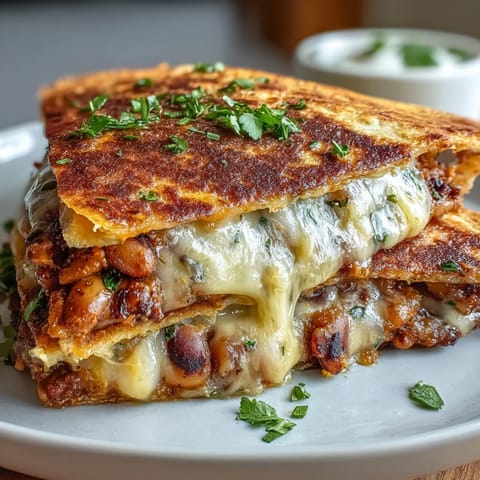 Golden-brown Black-Eyed Pea Quesadilla wedges on a plate with a side of salsa and sour cream.