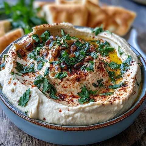 Creamy black-eyed pea hummus topped with smoked paprika and fresh parsley served with pita chips for dipping.