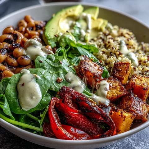 A close-up of the Black-Eyed Pea Buddha Bowl shows sliced avocado and creamy tahini dressing drizzled over ingredients.