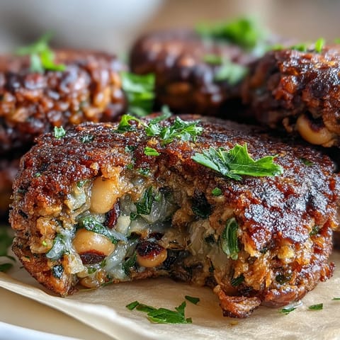 Golden-brown Black-Eyed Pea Burger Patties baked on a sheet pan, topped with fresh lettuce and tomato for a hearty vegetarian meal.