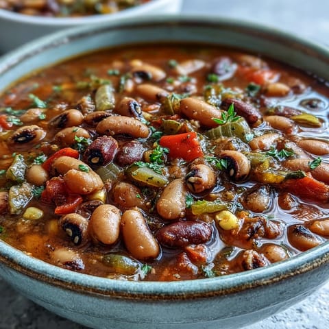 This rustic Black-Eyed Pea Chili features kidney beans and corn in a rich, spicy broth.
