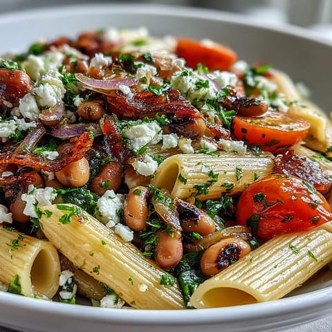 Savory Black-Eyed Pea Pasta served in a rustic bowl topped with crumbled feta cheese.
