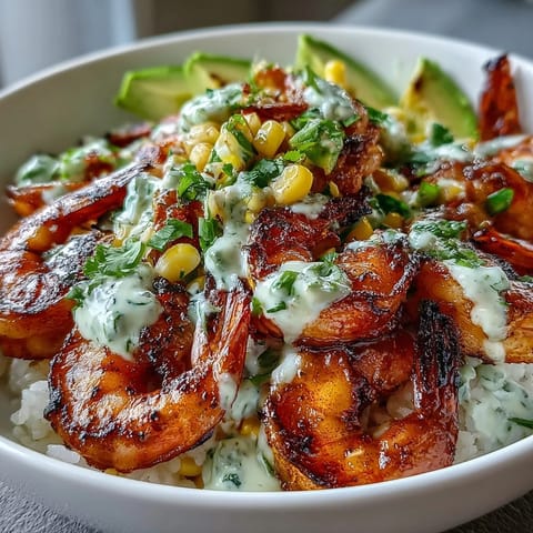 A colorful serving of grilled shrimp, diced avocado, fresh corn salsa, and garlic sauce, perfect for a quick gluten-free meal.  