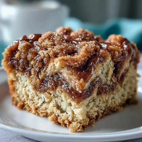Freshly baked High-Protein Cinnamon Swirl Coffee Cake Oats served warm in a ceramic bowl, topped with a dollop of Greek yogurt and a sprinkle of cinnamon.