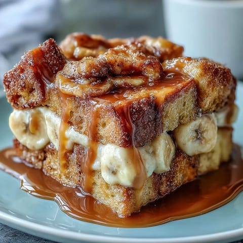 Slices of the Caramel Cream Cheese French Toast Casserole served warm on a plate with fresh berries.
