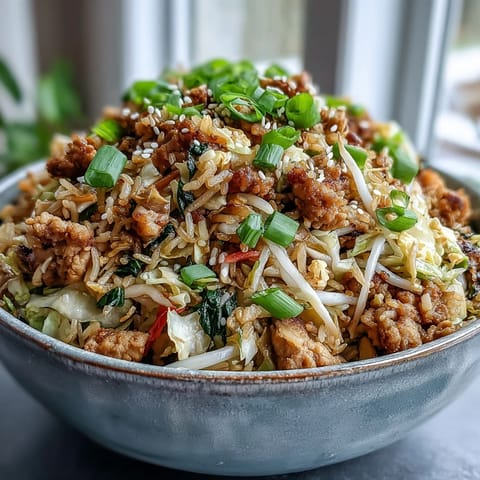A steaming skillet of Crispy Chicken Fried Rice with Egg Roll Flavors features colorful veggies and fluffy grains.