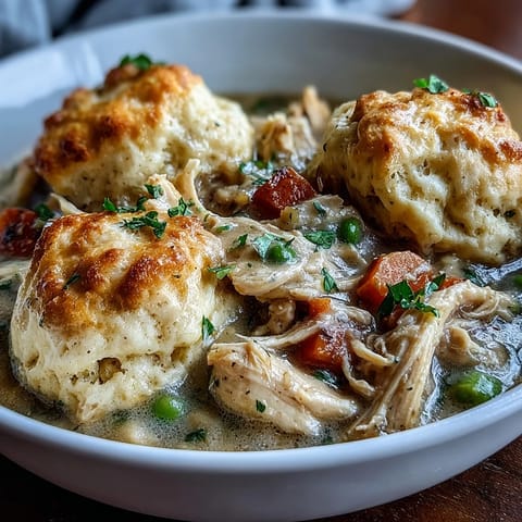 Creamy Slow Cooker Ranch Chicken & Dumplings stew with tender shredded chicken and fluffy biscuit dumplings.