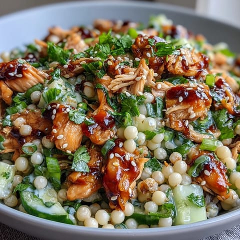 A close-up of the vibrant Asian Sesame Chicken Couscous Salad shows glossy dressing coating the couscous, fresh cilantro leaves, and scallions, with cucumber pieces glistening beside the shredded chicken.  