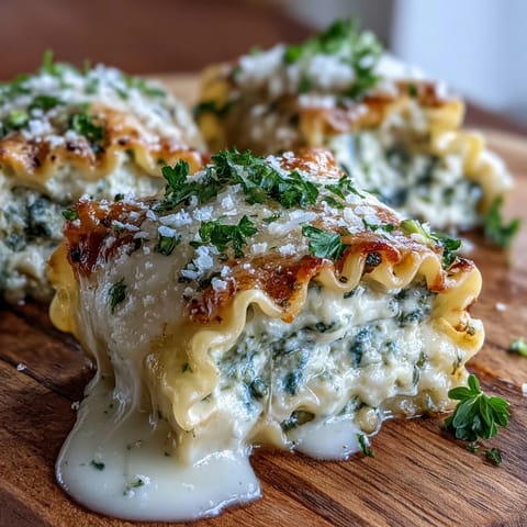 Six cheesy Garlic Butter Lasagna Roll-Ups arranged in a baking dish with a serving spoon.