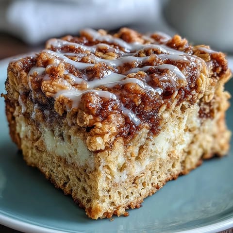 Warm slices of High-Protein Cinnamon Swirl Coffee Cake Oats with a golden crumbly streusel topping and sweet cinnamon ribbon. 