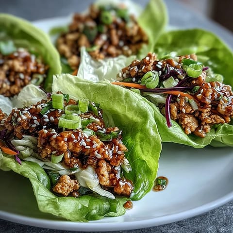 Golden-brown Potsticker-Inspired Chicken Lettuce Boats served with a spicy dipping sauce and sesame seeds.