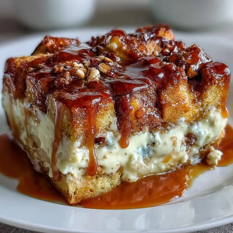 Decadent Caramel Cream Cheese French Toast Casserole served warm, drizzled with extra caramel sauce and fresh berries on the side.