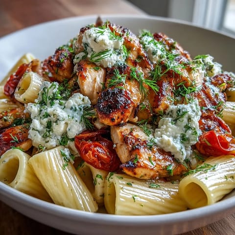 Tender roasted chicken and sweet garlic cloves mingle with penne and cherry tomatoes in this Greek-inspired dish.