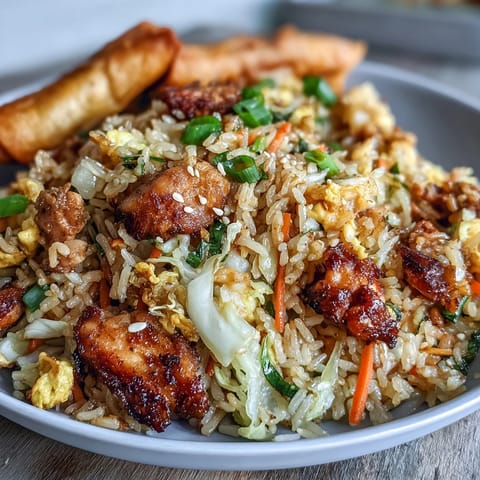 Golden Crispy Chicken Fried Rice with Egg Roll Flavors sizzling in a hot wok, mixed with vibrant cabbage and carrots.