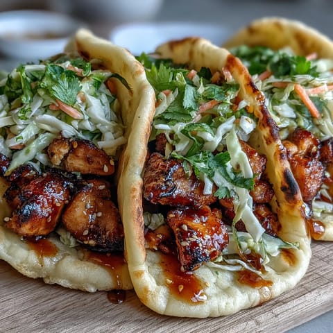 Sliced honey garlic naan chicken tacos stuffed with crisp red cabbage slaw on a wooden board