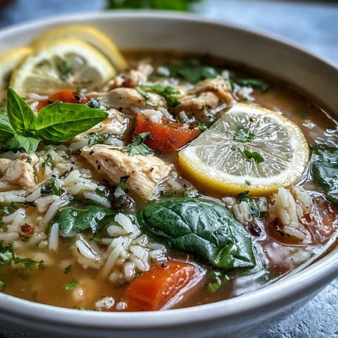 A hearty bowl of lemon chicken rice soup filled with tender chicken, colorful vegetables, and fluffy rice, perfect for a cozy dinner.  