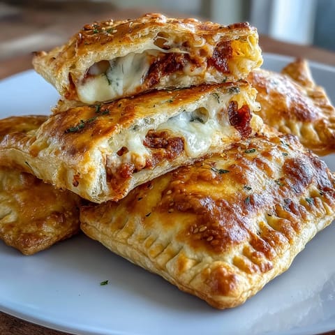 High protein pizza hot pockets filled with melty mozzarella and zesty sauce, baked until golden and crispy for a healthy meal prep snack.  