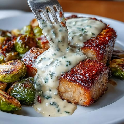 Golden-seared pork chops in a luscious Dijon cream sauce, paired with crispy roasted Brussels sprouts for a hearty, keto-friendly dinner.  