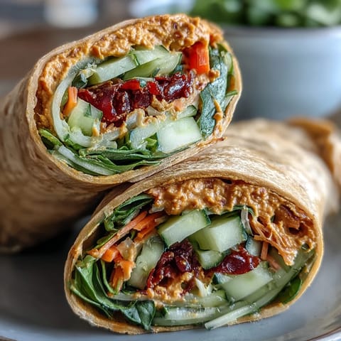 A colorful wrap filled with creamy sun-dried tomato hummus and fresh veggies, perfect for a healthy vegan lunch.  