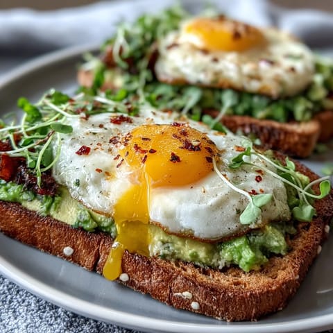 Creamy avocado and soft-boiled egg toast topped with vibrant microgreens and a sprinkle of chili flakes for a nutritious breakfast.