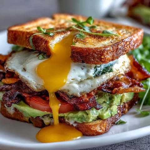 Fluffy sunny-side-up egg crowns this savory sourdough avocado BLT breakfast stack, featuring crispy bacon, fresh tomatoes, and leafy greens for a satisfying start to the day.