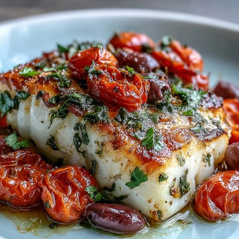 Baked Mediterranean cod with juicy tomatoes, briny olives, and fresh herbs, served with lemon wedges for a healthy, flavorful dinner.  