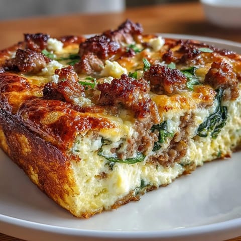 Hearty keto breakfast bake with sausage, eggs, and spinach, baked until golden and cheesy.  