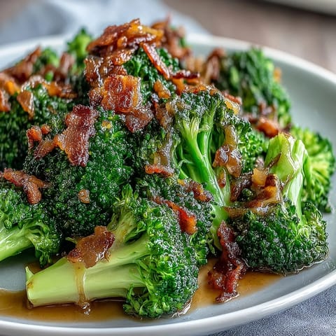 Crispy bacon and tender broccoli florets tossed in a savory garlic sauce for a quick, flavorful Asian-inspired side dish.  