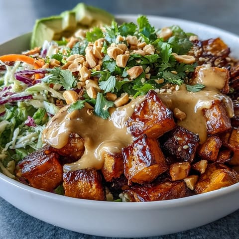 Vibrant Thai peanut sweet potato Buddha bowl with roasted sweet potatoes, colorful veggies, and creamy peanut sauce.  