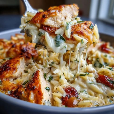 Creamy Boursin orzo bake with tender chicken and colorful bell peppers, baked until golden and bubbling.  