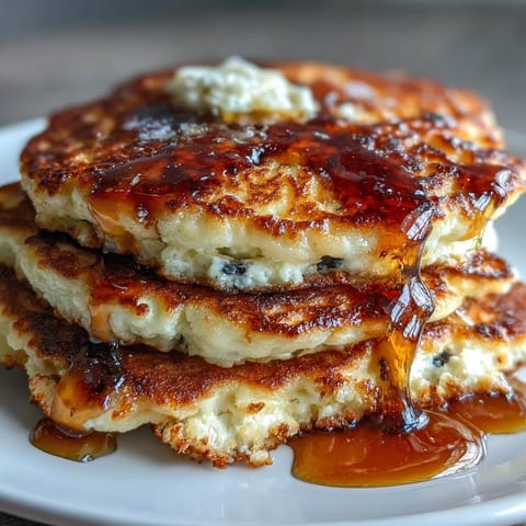 Fluffy flourless cottage cheese pancakes topped with fresh berries and a drizzle of honey, perfect for a healthy breakfast.