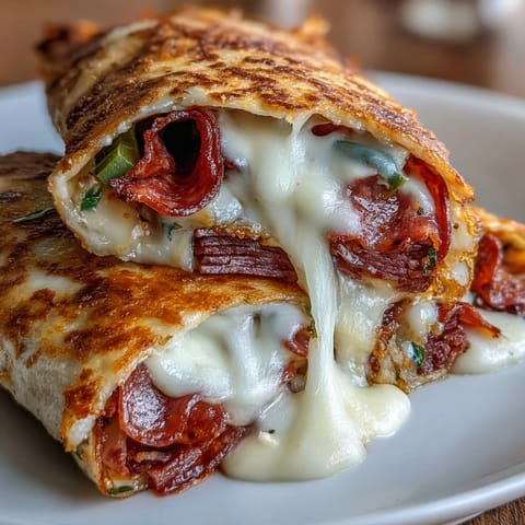 A quick, satisfying keto-friendly lunch: folded tortilla packed with classic Italian sub meats, provolone cheese, and zesty banana peppers.  