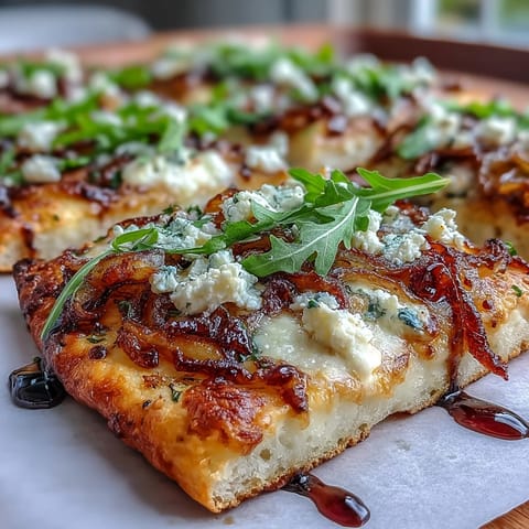 Crispy flatbread topped with rich caramelized onions, melted cheese, peppery arugula, and a drizzle of balsamic—perfect for a light lunch or elegant appetizer.