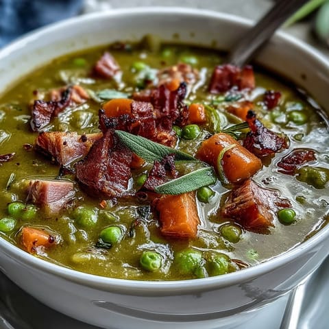 A comforting bowl of ham and split pea soup with tender carrots and smoky ham, perfect for a cozy dinner.