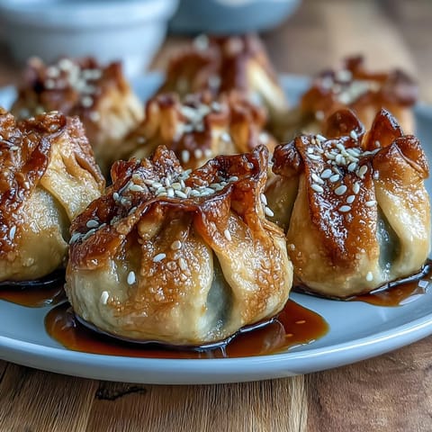 Golden air fryer chicken dumplings with crispy edges, served with savory sesame soy dipping sauce.