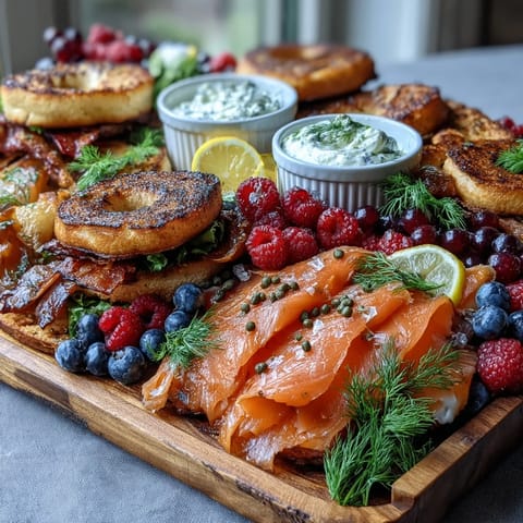 Vibrant Galentines brunch board featuring bagels, lox, and berries, arranged with colorful fruits and creamy cheeses for a festive gathering.