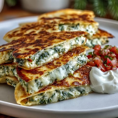 Festive shamrock-shaped quesadillas filled with vibrant spinach and sharp cheddar, pan-fried until golden and served with a dollop of sour cream for a fun, seasonal treat.