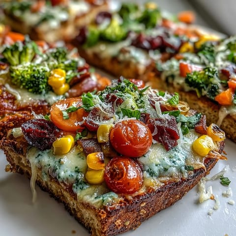 Vibrant St. Patricks Day Rainbow Veggie Flatbread Pizza with colorful fresh vegetables arranged in festive order.  