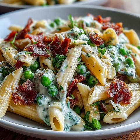 Creamy Leek, Pea, and Ham Pasta in a skillet with tender pasta, sweet peas, and savory ham in a rich cream sauce.