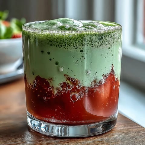 A vibrant strawberry matcha latte with creamy oat milk foam and a fresh strawberry garnish.