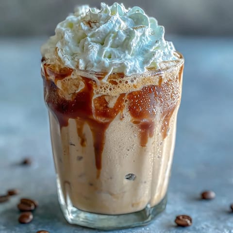 Creamy blended coffee drink with real vanilla bean and almond milk, served in a tall glass with light whipped topping and a sprinkle of cinnamon.