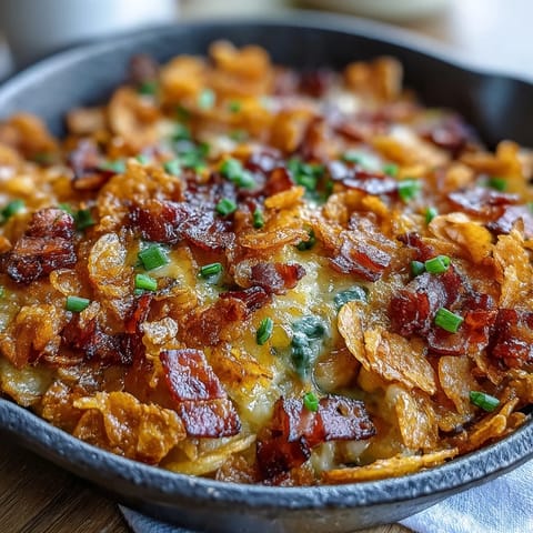 Funeral Potatoes and Ham Breakfast Skillet with crispy hash browns, savory ham, and cheesy cream sauce baked to golden perfection.