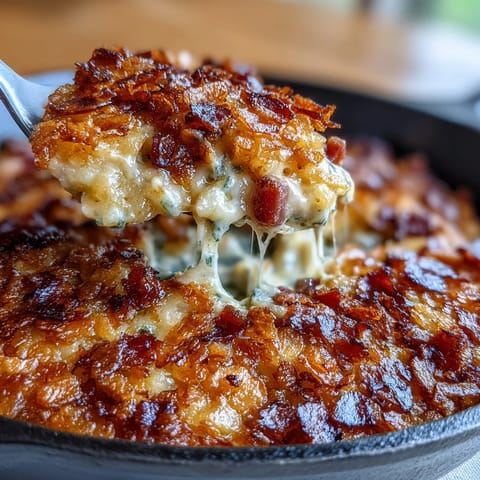A hearty breakfast skillet featuring Funeral Potatoes and Ham with crunchy cornflake topping, creamy cheese, and tender vegetables.