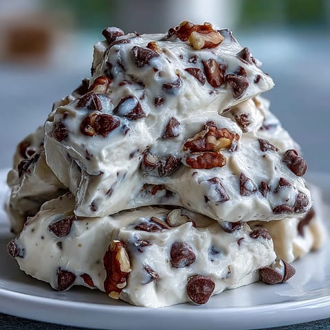High-protein Greek yogurt and cottage cheese bark studded with chocolate chips and almond flour for a cookie dough-inspired dessert.  