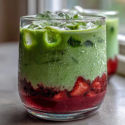 Vibrant layered iced latte with fresh strawberry purée, creamy coconut milk, and earthy matcha, perfect for dairy-free refreshment.