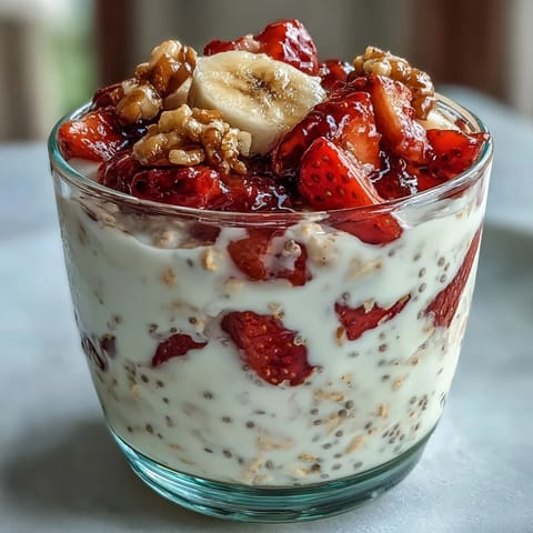 Creamy overnight oats with fresh strawberries and ripe banana, topped with chia seeds for a healthy, make-ahead breakfast.