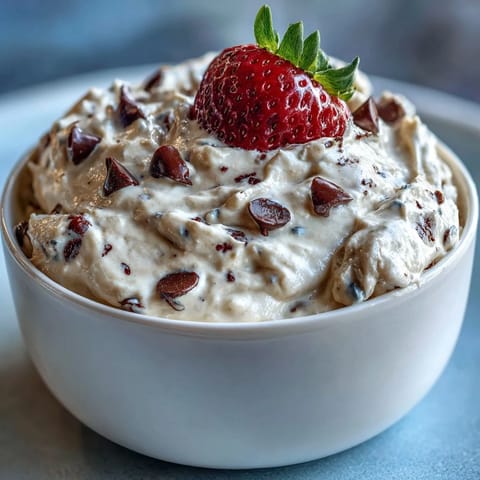 A creamy cottage cheese cookie dough dip with mini chocolate chips, served with fresh strawberries and apple slices for a healthy dessert.  